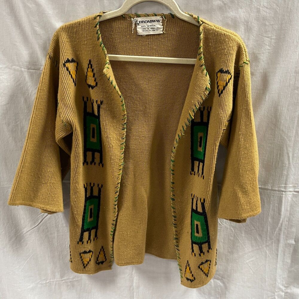 The Broadway 1950s Sweater Western Print Size Small ¾ Sleeve Brown